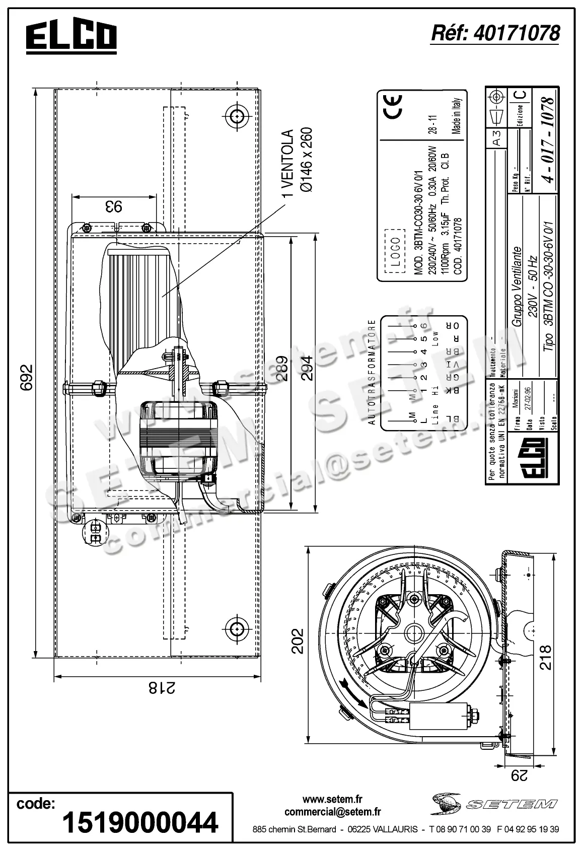 1519000044-GMV ELCOMOTEUR 3BTM.CO.30.30.6V.0/1 *40171078* 3