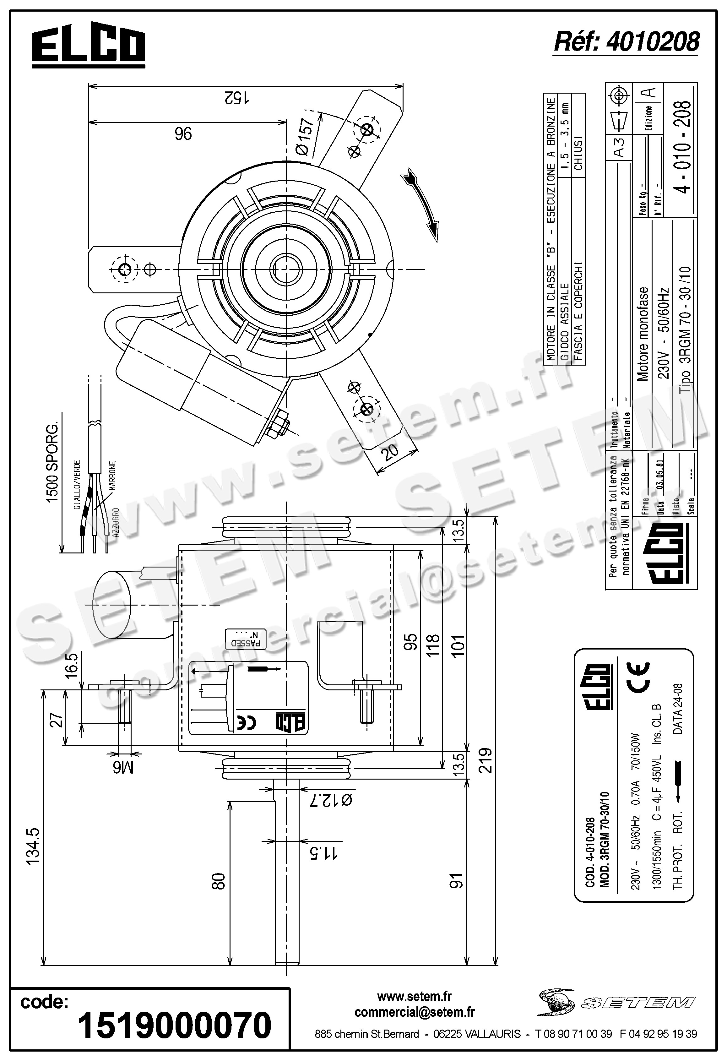 1519000070-MOTEUR ELCOMOTEUR 3RGM70.30/10 *4010208* 4