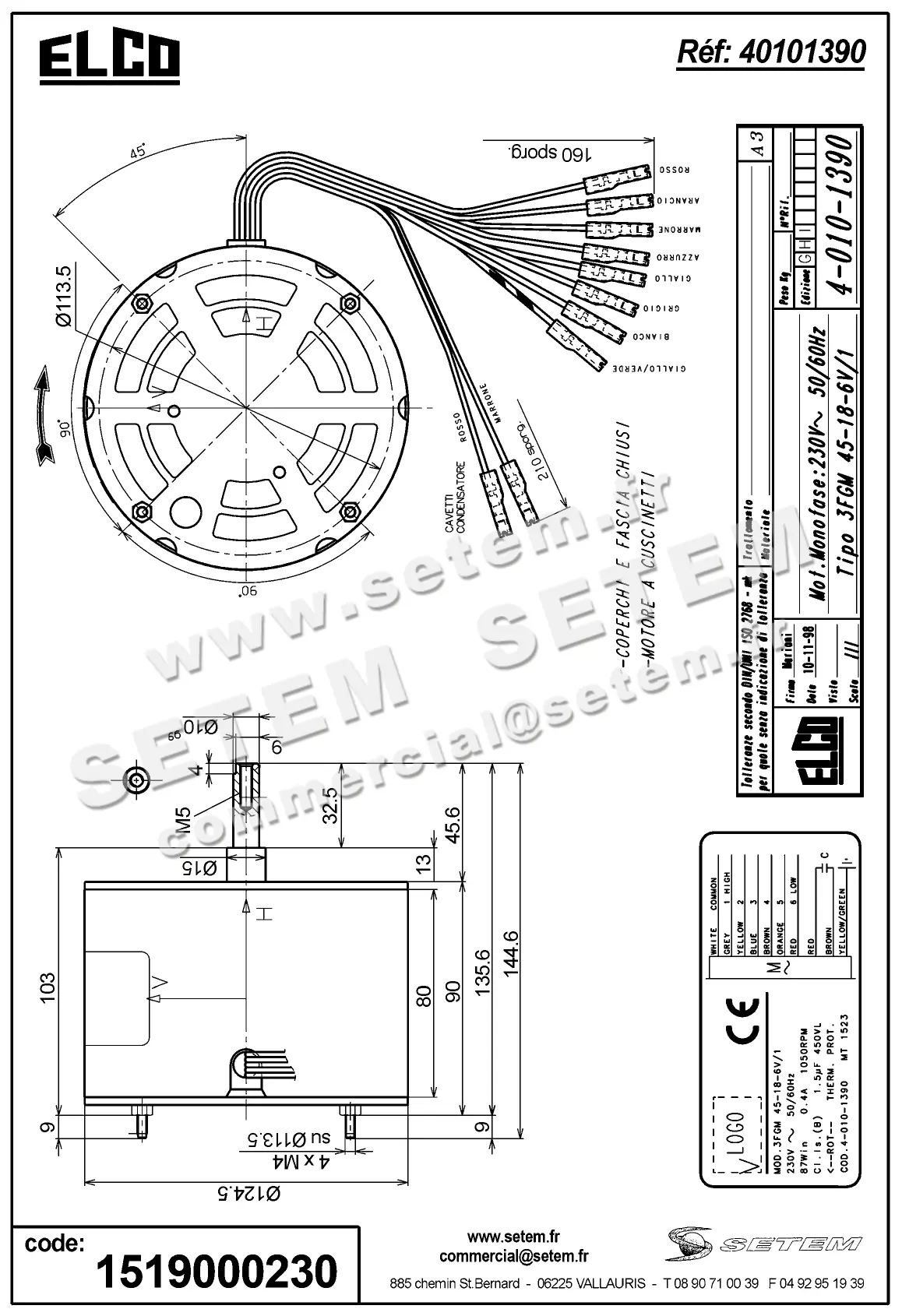 1519000230-MOTEUR ELCOMOTEUR 3FGM45.18.6V/1 "MT1523" *40101390* 3
