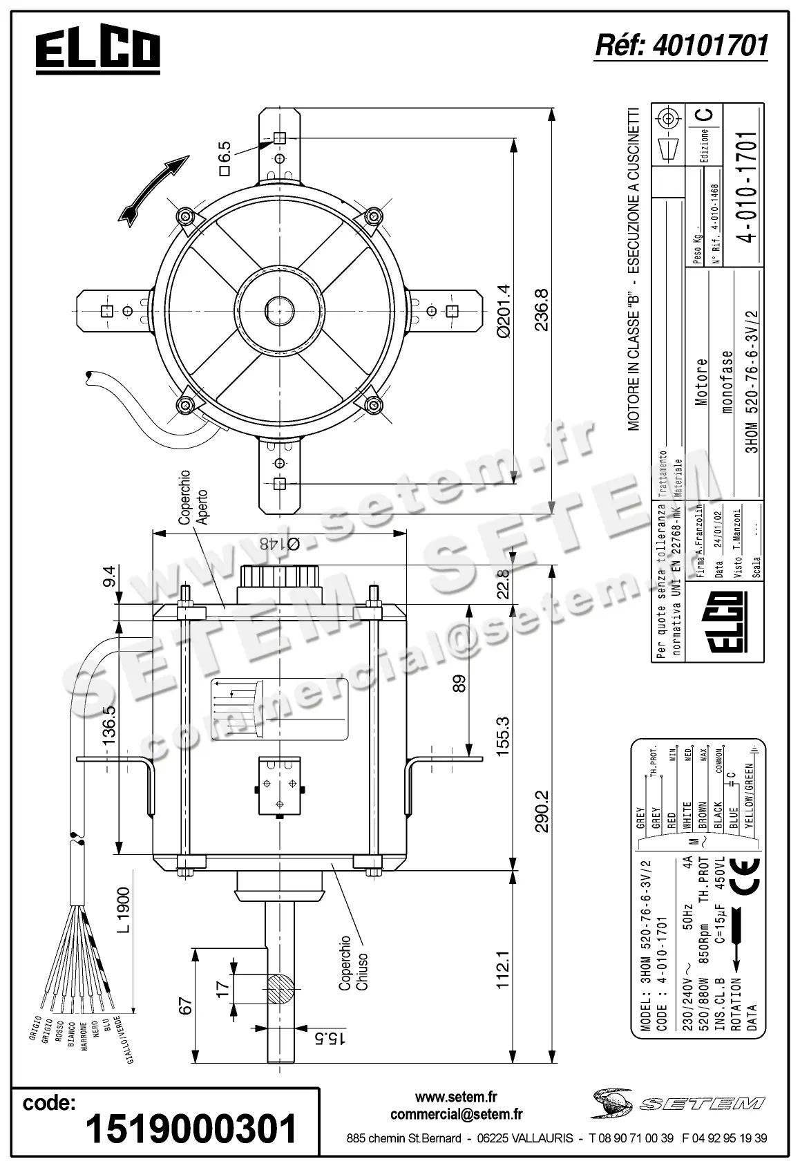 1519000301-MOTEUR ELCOMOTEUR 3HOM520.76.6.3V/2 *40101701* 3
