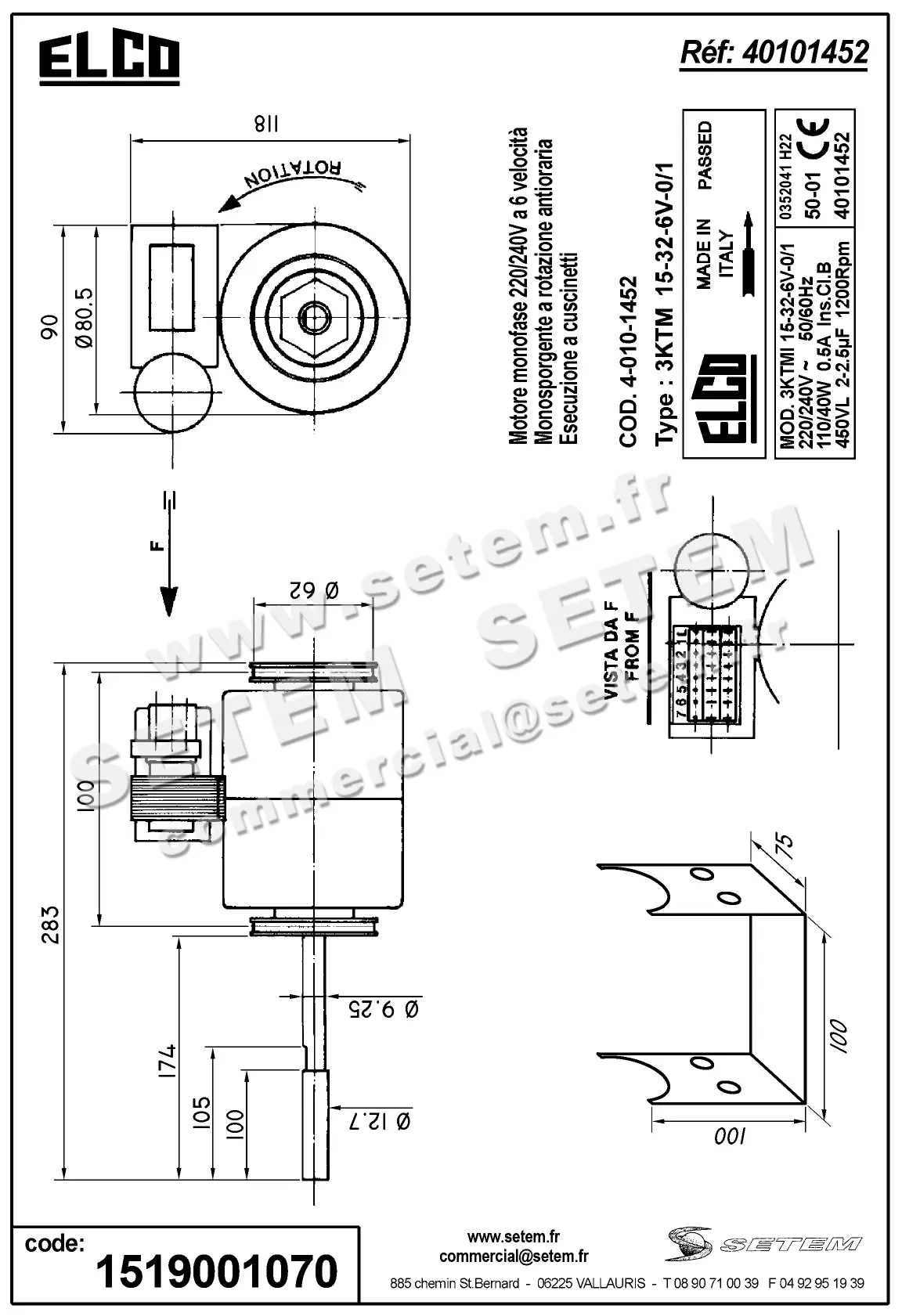 1519001070-MOTEUR ELCOMOTEUR 846301 3KTMI15.32.6V.0/1 "0352041H22" *40101452*