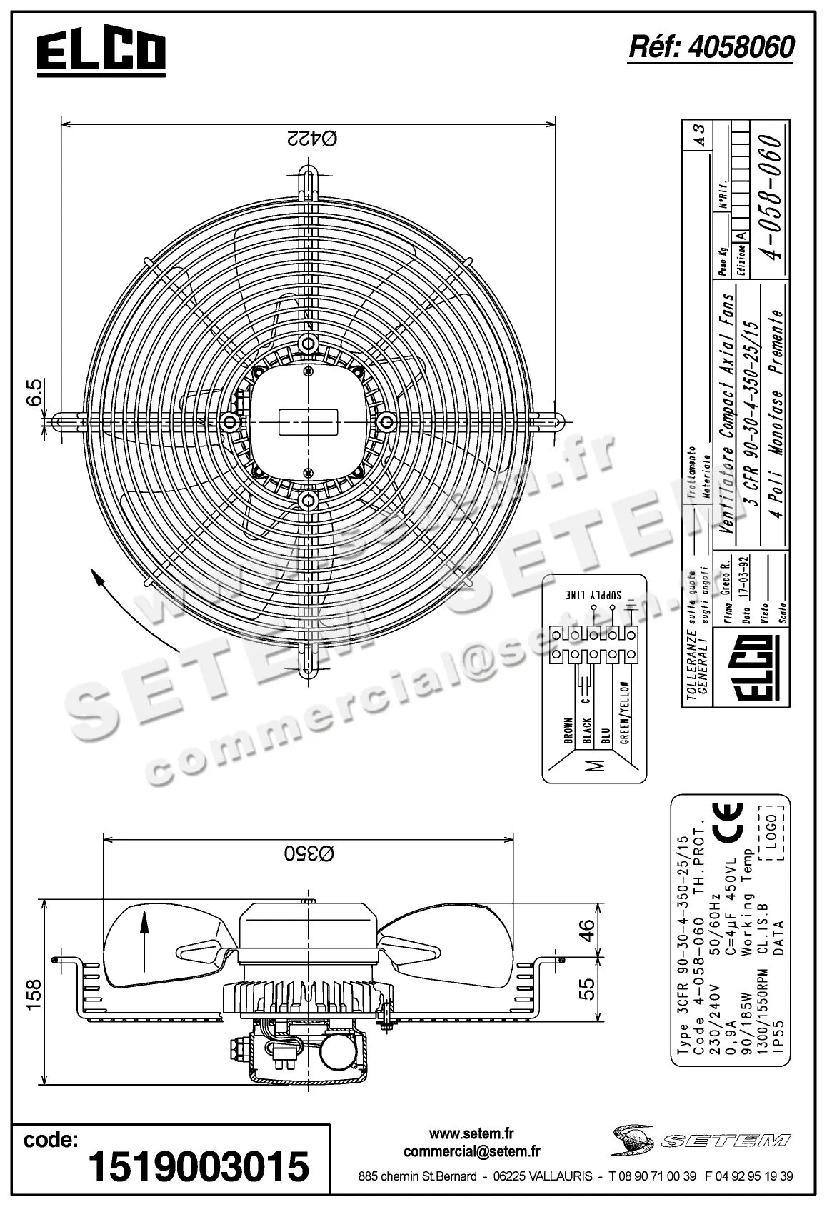 1519003015-VENTILATEUR ELCOMOTEUR 3CFR90.30.4.350.25/15 *4058060* 3