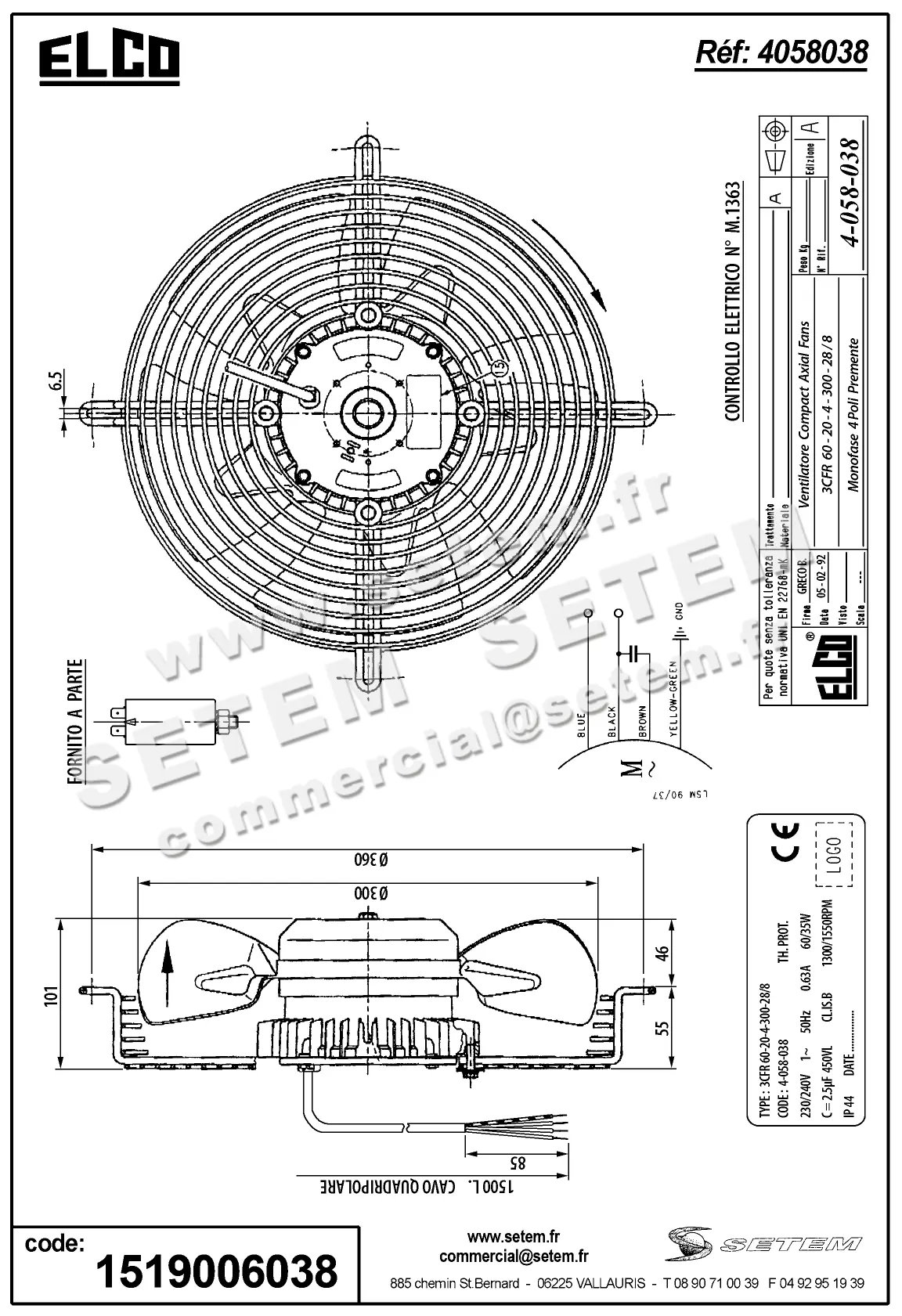 1519006038-VENTILATEUR ELCOMOTEUR 3CFR60.20.4.300.28/8 *4058038* 3