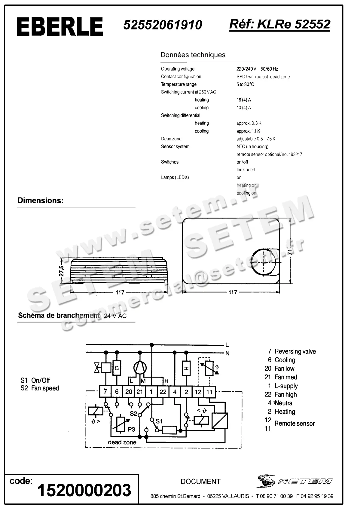 1520000203-THERMOSTAT EBERLE KLRE52552061960 24 VAC