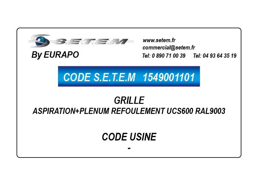 GRILLE ASPIRATION+PLENUM REFOULEMENT UCS600 RAL9003