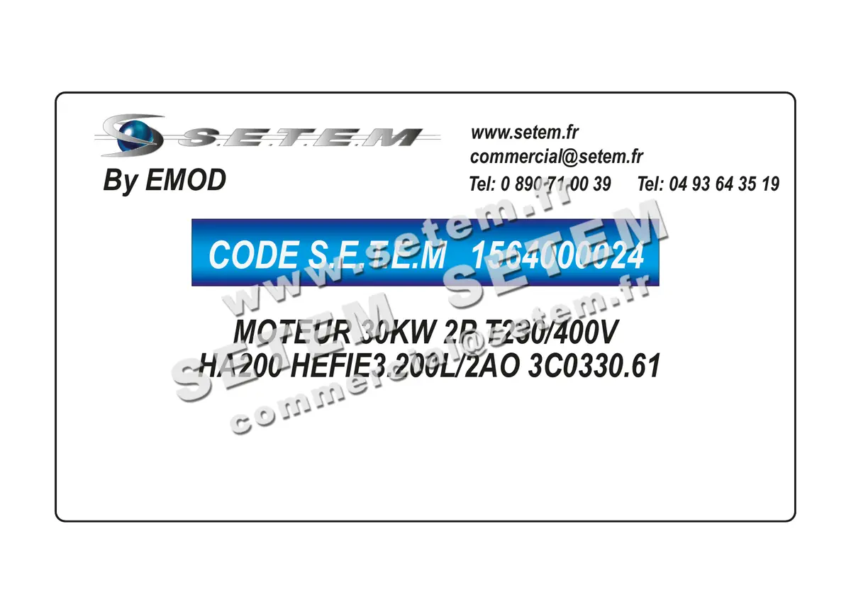 1564000024-MOTEUR EMOD 30KW 2P T230/400V HA200 HEFIE3.200L/2AO "3C0330.61"