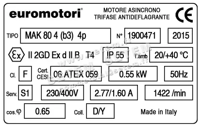 1572001050-MOTEUR EUROMOTORI 0.55KW 4P T230/400V HA80 B3 EXDIIBT4II2GD MAK80A4 2