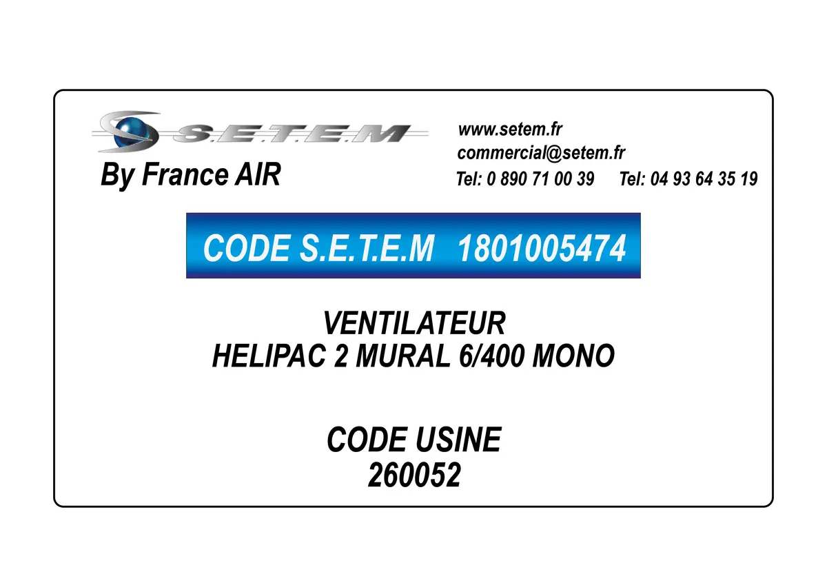 1801005474-VENTILATEUR FRANCEAIR HELIPAC 2 MURAL 6/400 MONO *260052*