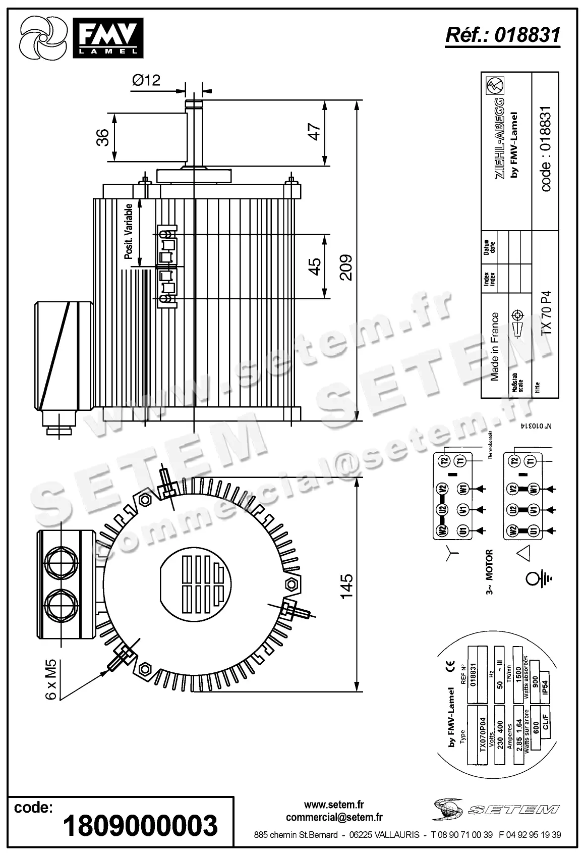 1809000003-MOTEUR FMV TX070P04 600/900W 4P T230/400V *18831* 2