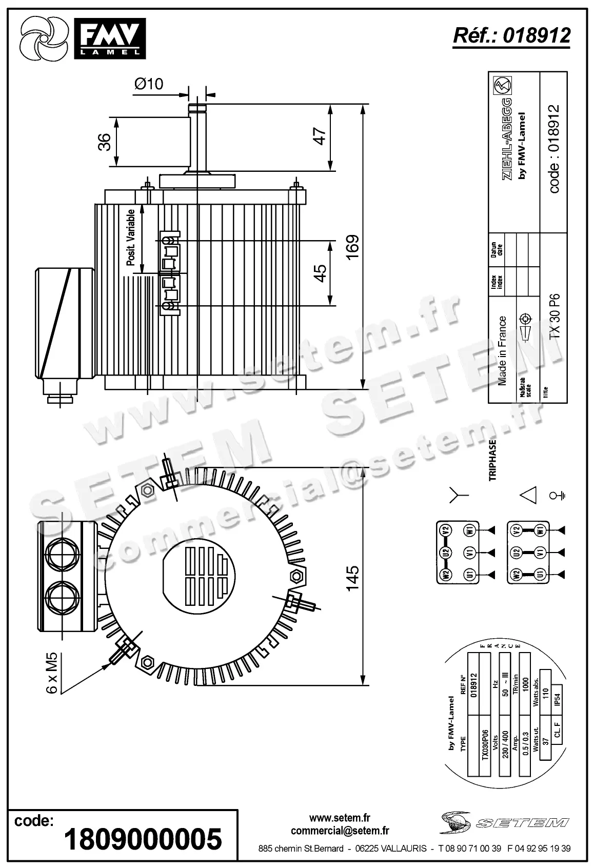 1809000005-MOTEUR FMV TX030P06 37/110W 6P T230/400V *18912* 2