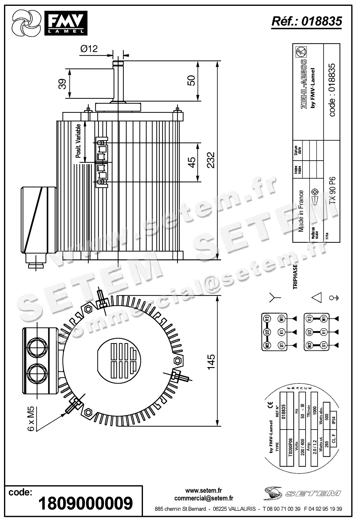 1809000009-MOTEUR FMV TX090P06 265/500W 6P T230/400V *18835* 2