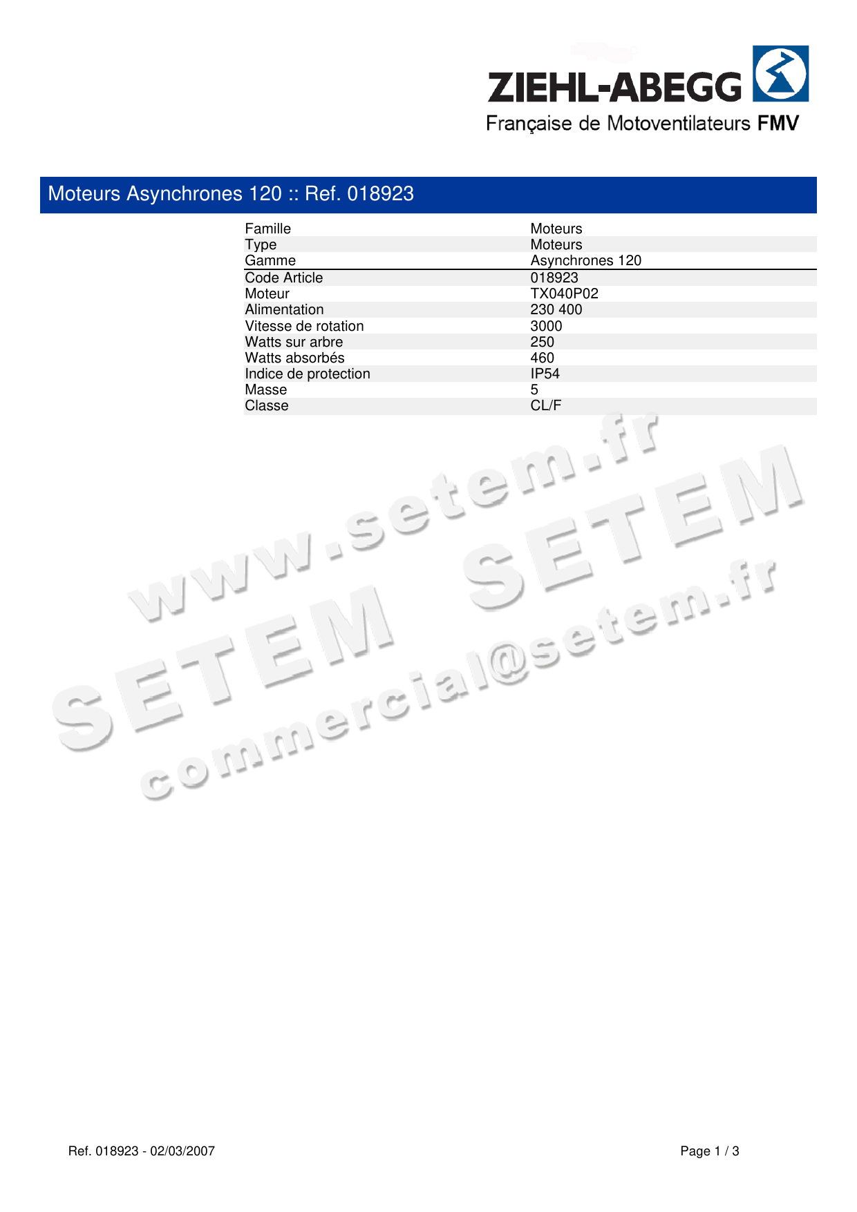 1809000014-MOTEUR FMV TX040P02 250/460W 2P T230/400V *18923* 2