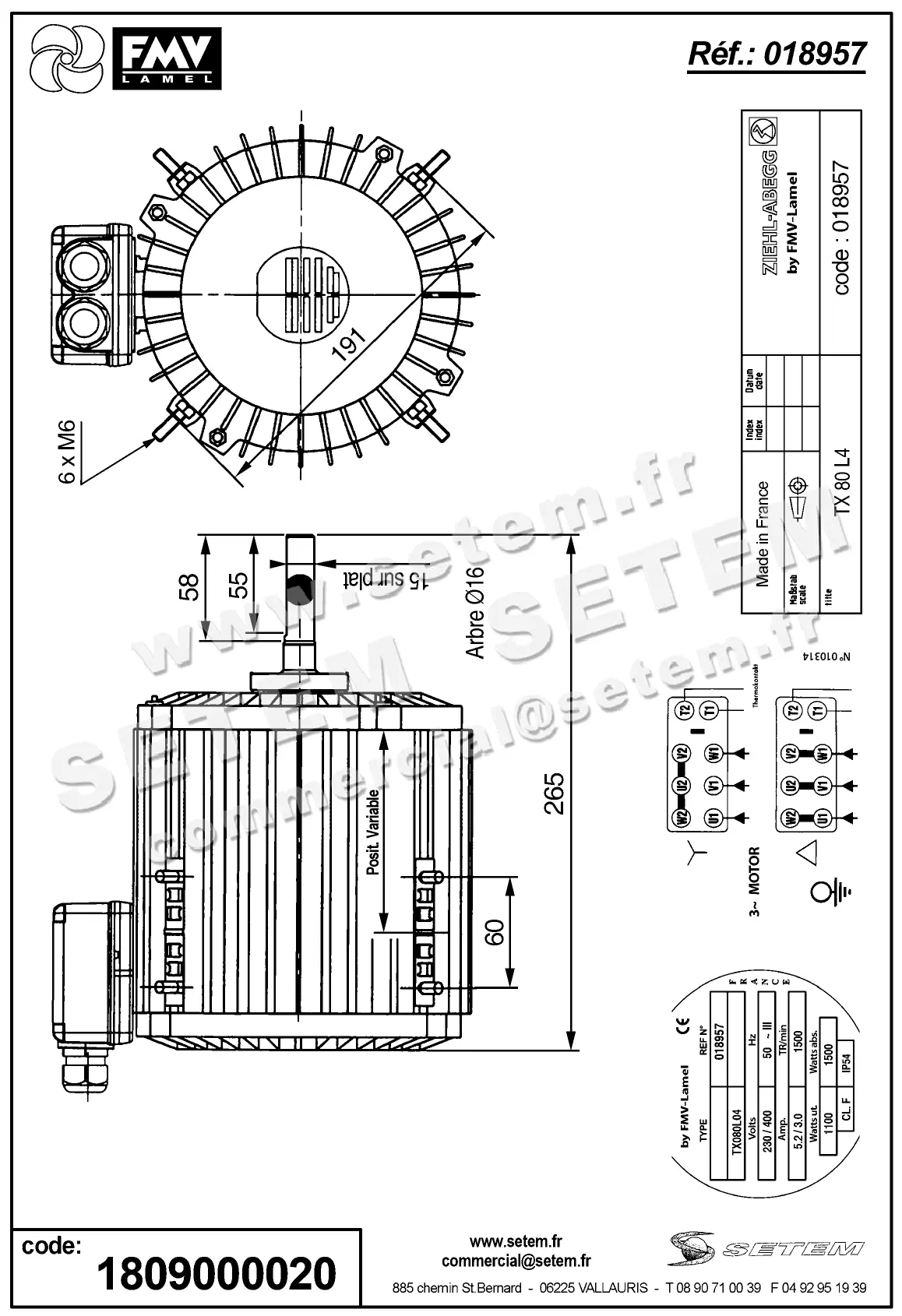 1809000020-MOTEUR FMV TX080L04 1100/1500W 4P T230/400V *18957* 2