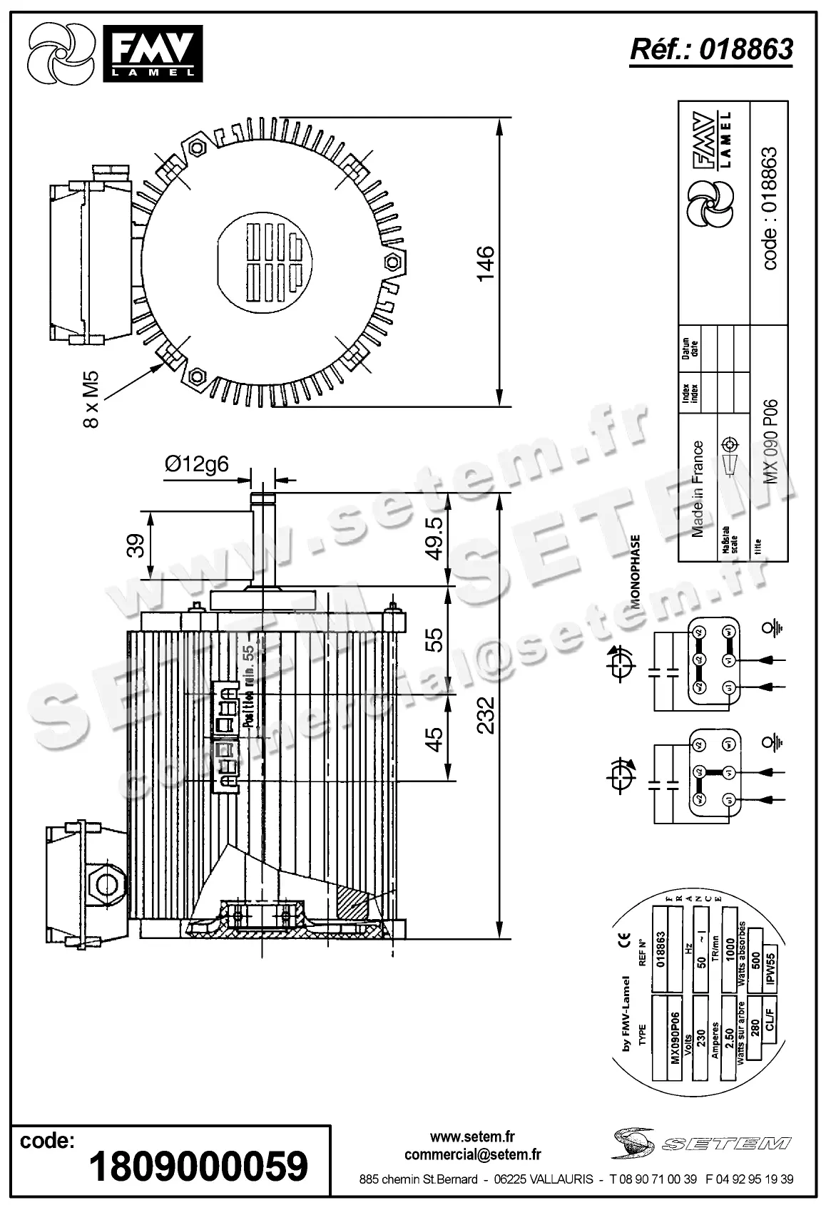1809000059-MOTEUR FMV MX090P06 280/500W 6P M230V *18863* 2