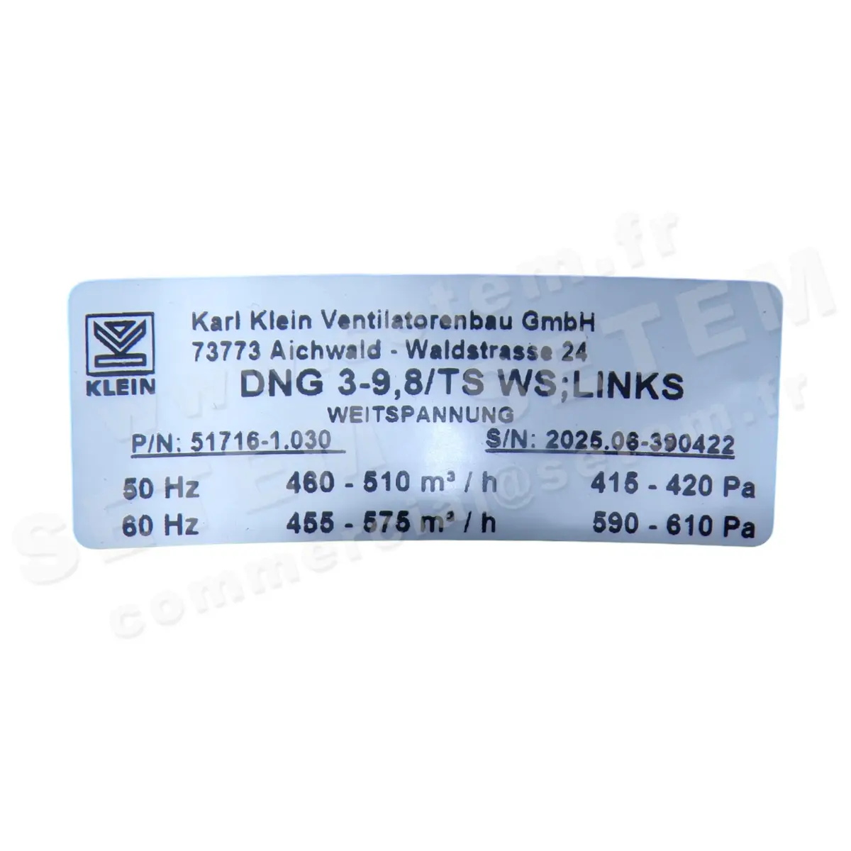 3619000500-VENTILATEUR KARL-KLEIN DNG3-9.8/TS WS LINKS *51716-1.030*