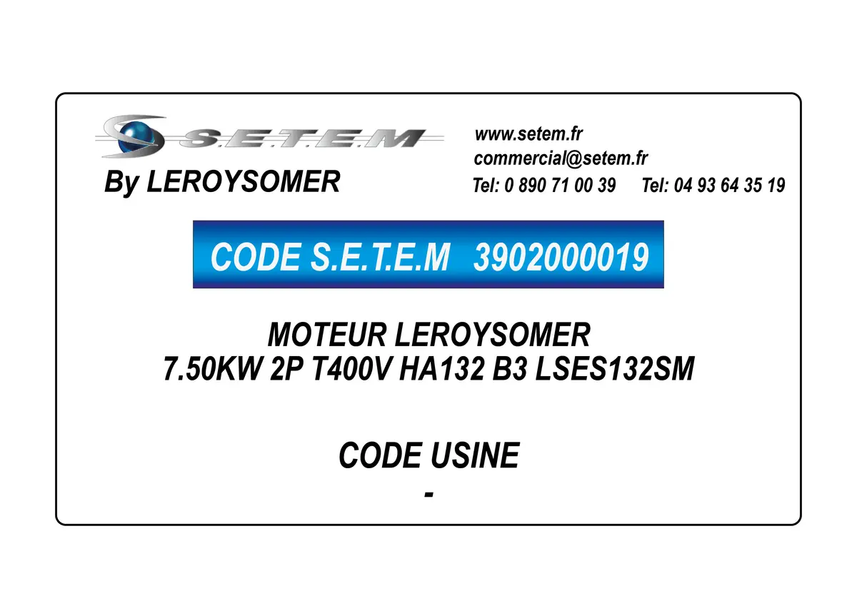 3902000019-MOTEUR LEROYSOMER 7.50KW 2P T400V HA132 B3 LSES132SM