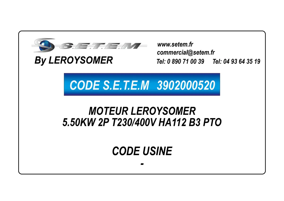3902000520-MOTEUR LEROYSOMER 5.50KW 2P T230/400V HA112 B3 PTO