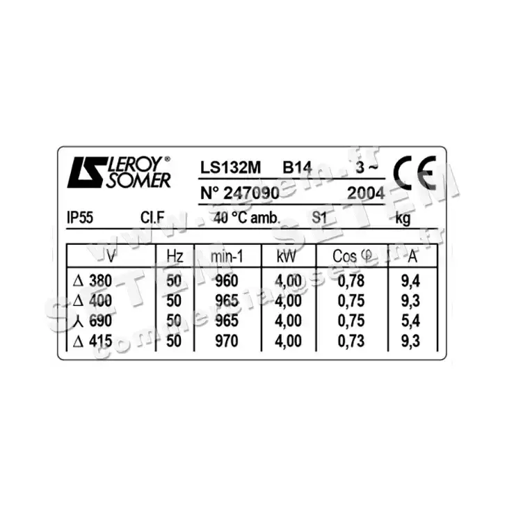 3902009557-MOTEUR LEROYSOMER 4KW 6P T400/690V HA132 B14 LS132M 2