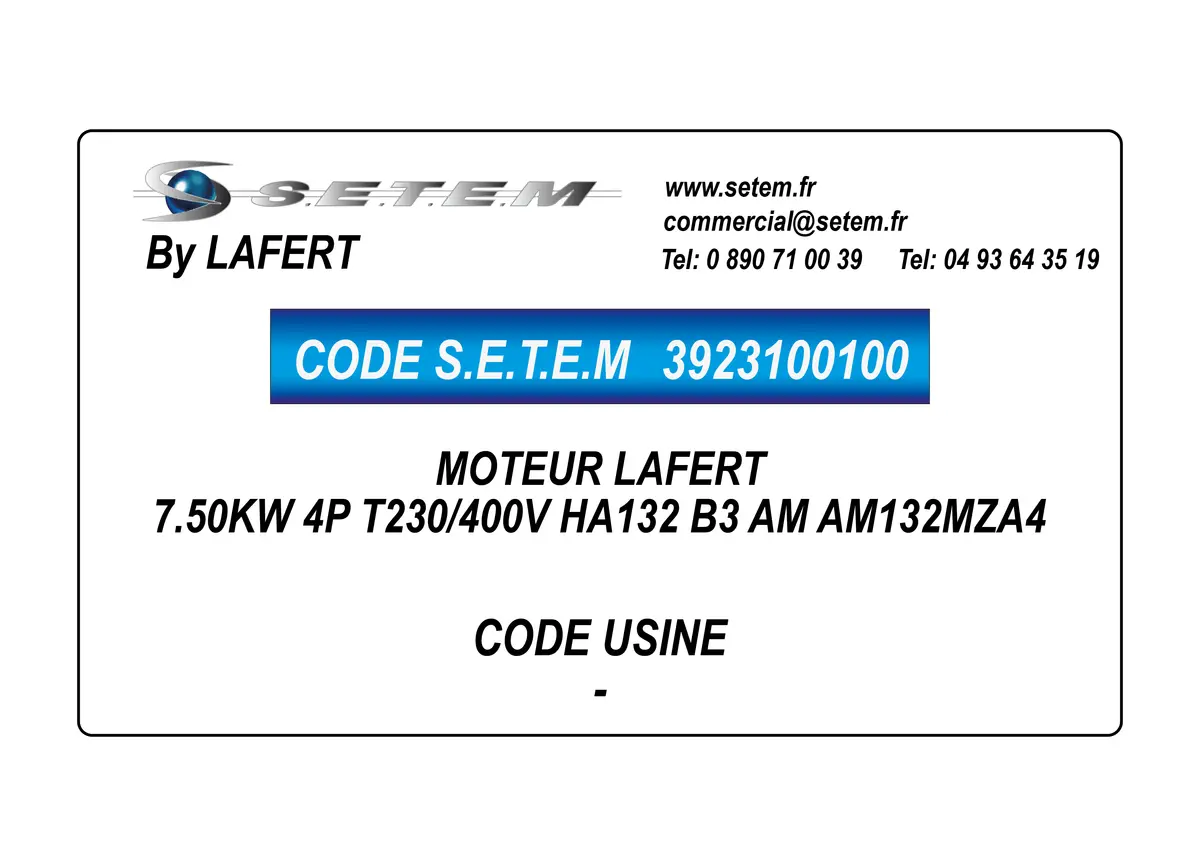 3923100100-MOTEUR LAFERT 7.50KW 4P T230/400V HA132 B3 AM AM132MZA4