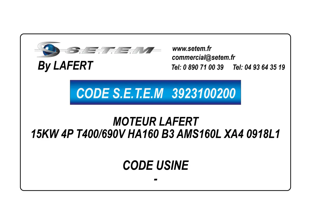 3923100200-MOTEUR LAFERT 15KW 4P T400/690V HA160 B3 AMS160L XA4 0918L1