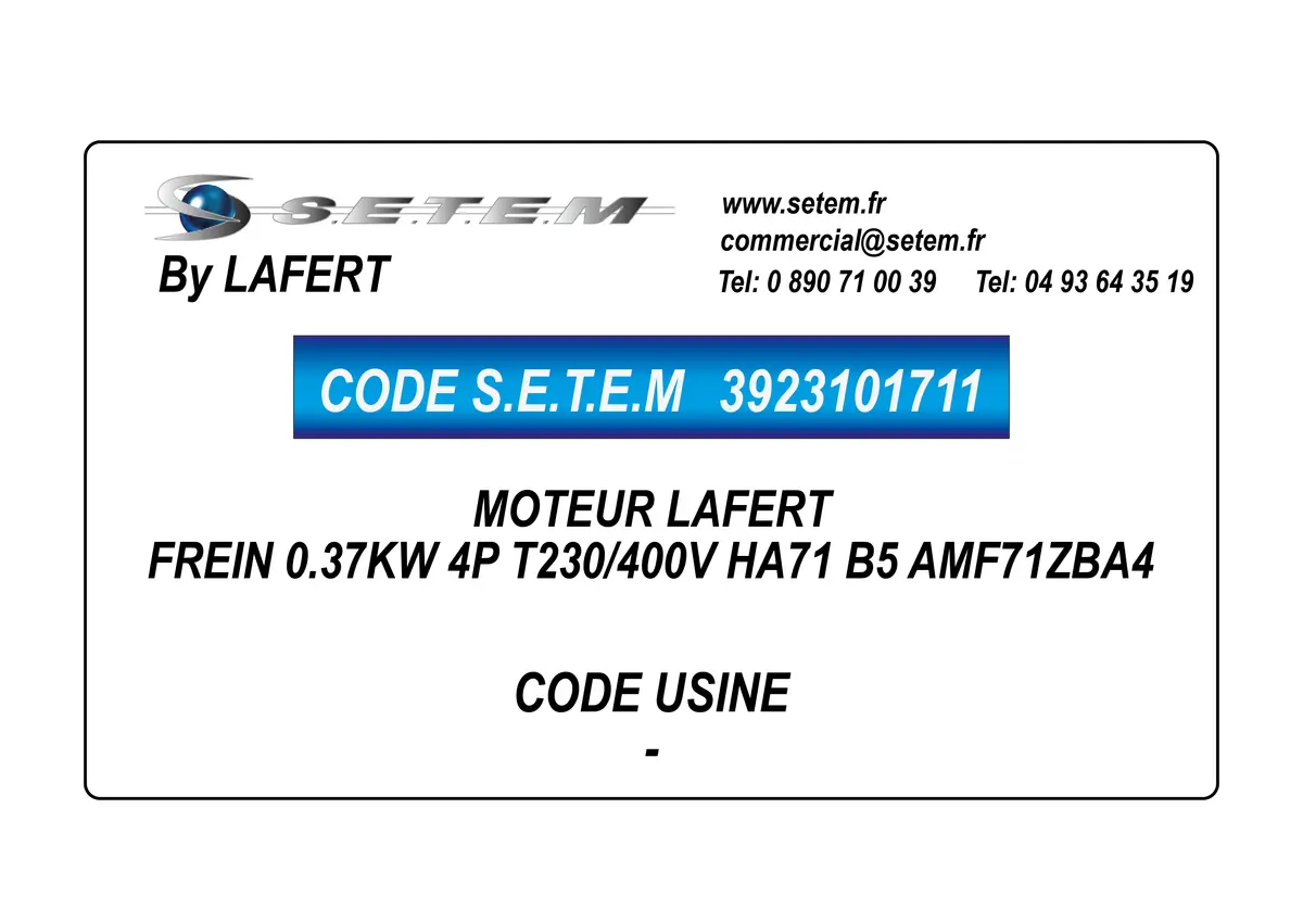 3923101711-MOTEUR LAFERT FREIN 0.37KW 4P T230/400V HA71 B5 AMF71ZBA4