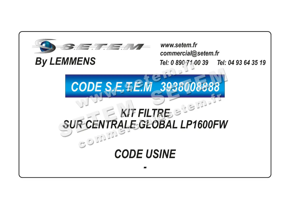3938008888-KIT FILTRE LEMMENS SUR CENTRALE GLOBAL LP1600FW