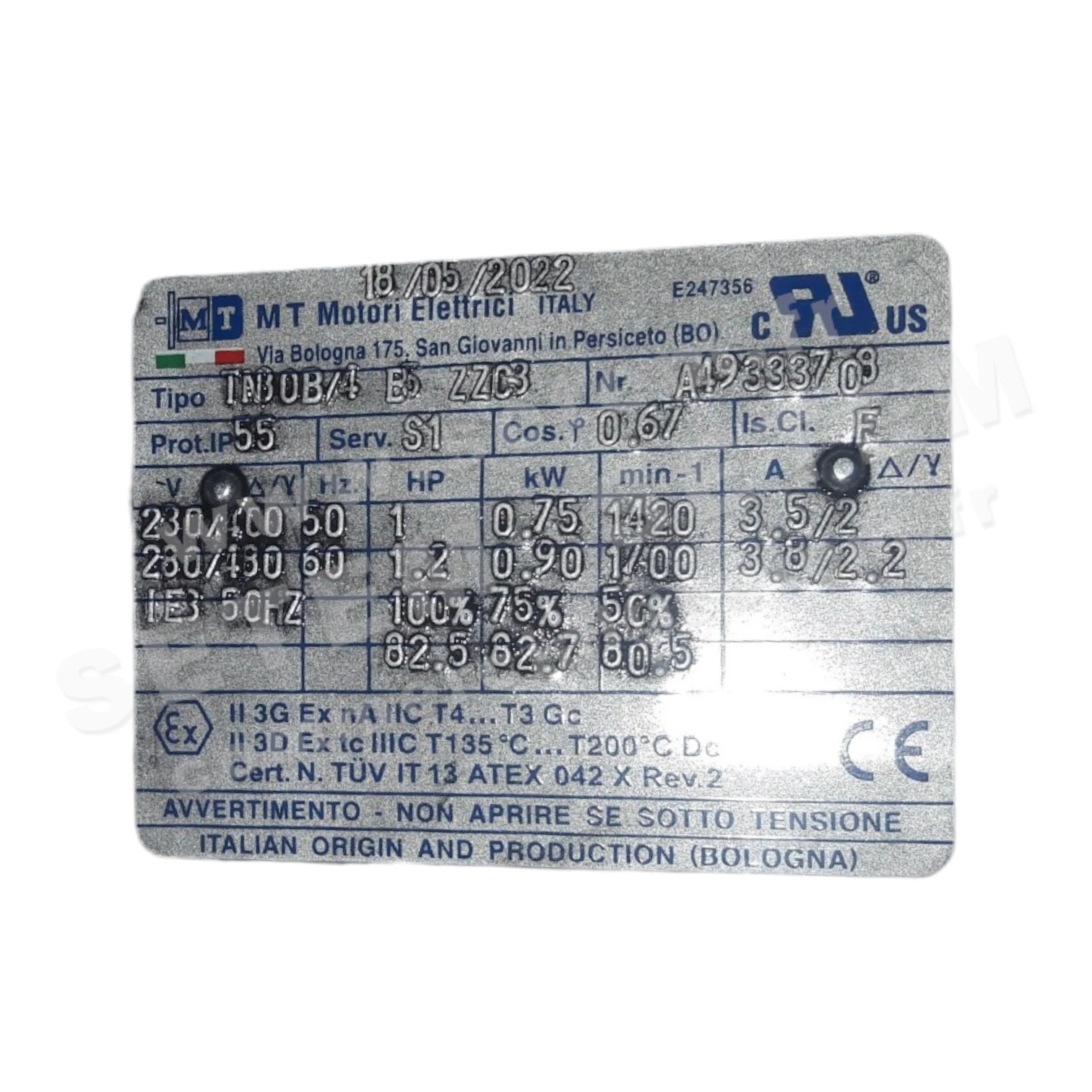 4329501061-MOTEUR MT 0.75KW 4P T230/400V HA80 B5 TN80B/4 II3GEXNAIICT4