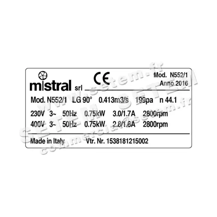 4348000382-VENTILATEUR MISTRAL N552/1 0.75KW 2P T230/400V LG 90° 2