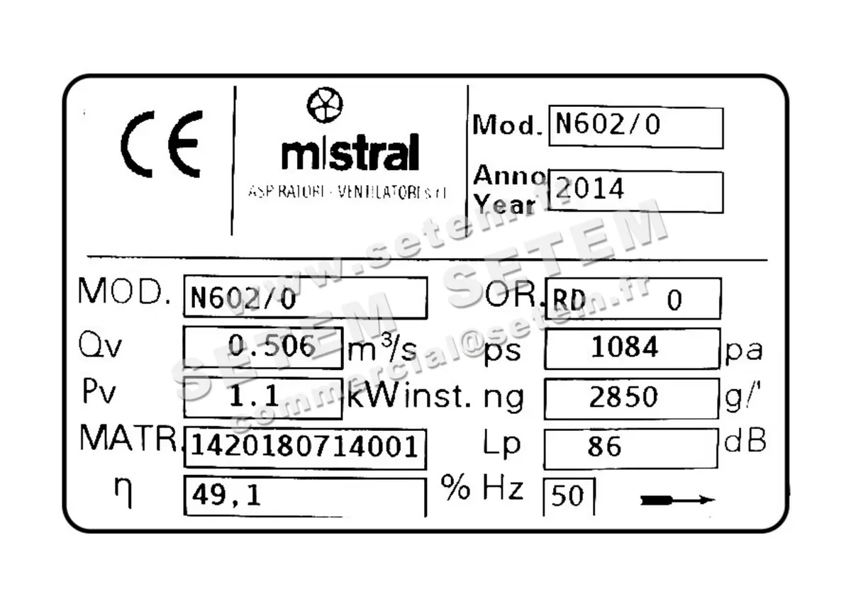 4348000602-VENTILATEUR MISTRAL N602/0 1.10KW 2P T230/400V RD 0° 2