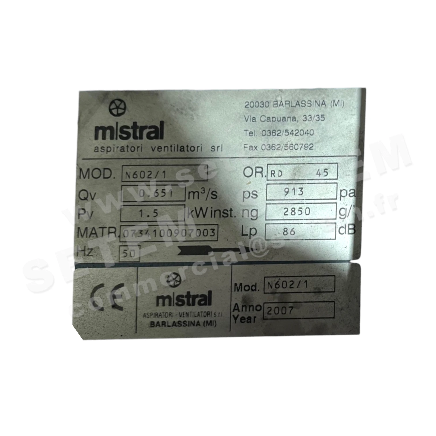 4348001011-VENTILATEUR MISTRAL N6021 1.50KW 2P T230400V RD 45° 2