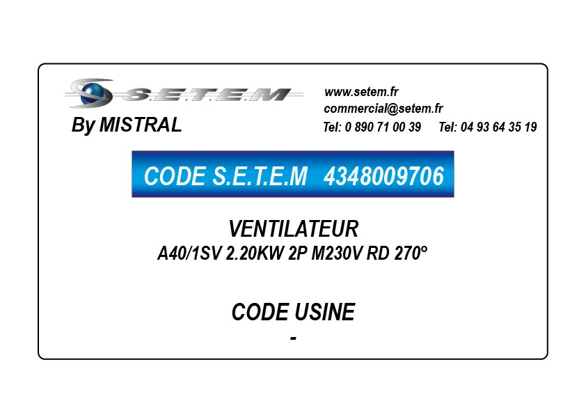 VENTILATEUR A40/1SV 2.20KW 2P M230V RD 315°