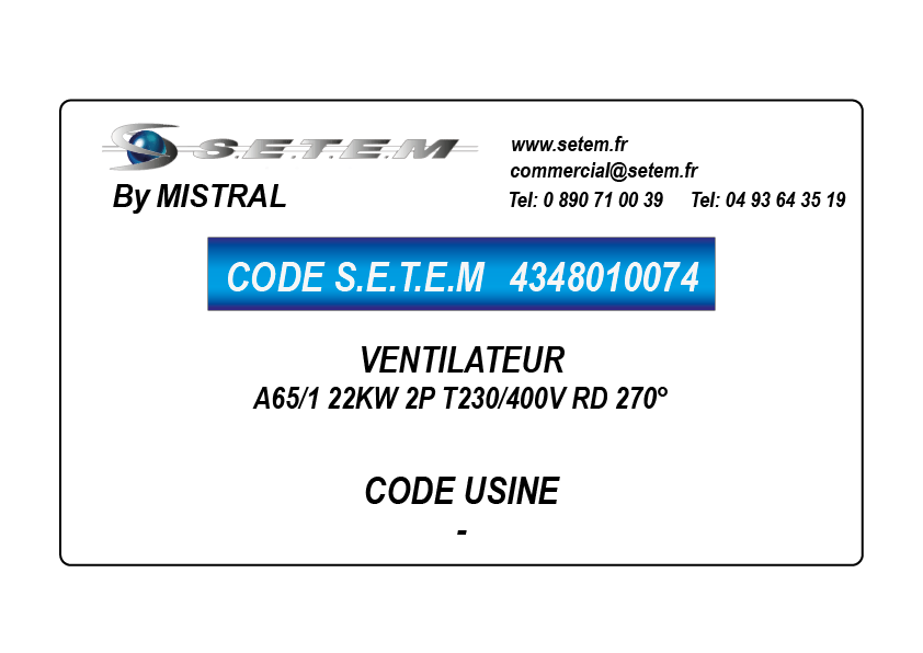 VENTILATEUR A65/1 22KW 2P T230/400V RD 315°