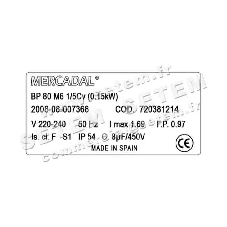 4355009061-MOTEUR MERCADAL BP80M6 0.15KW 6P M230V "720381214" 2