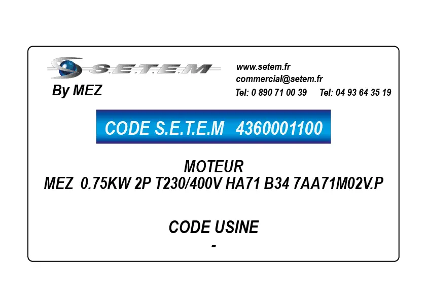 4360001100-MOTEUR MEZ 0.75KW 2P T230/400V HA71 B34 7AA71M02V.P