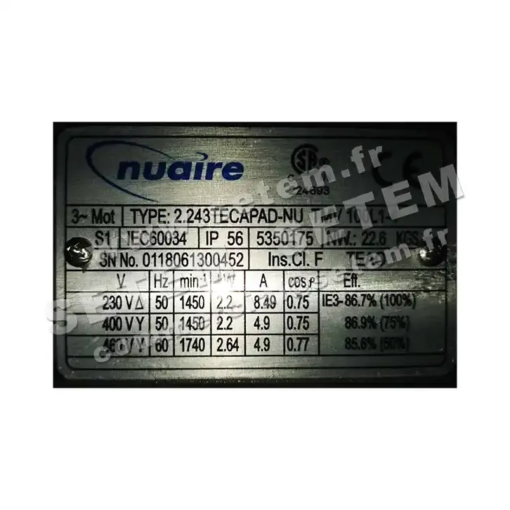 4623000110-MOTEUR NUAIRE 2.20KW 4P T230/400V HA100 2.243TECAPAD-NU TMV100L1-4