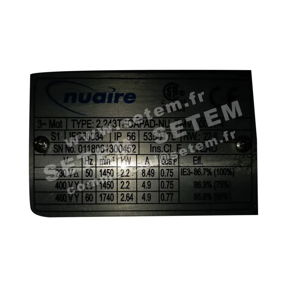 4623000110-MOTEUR NUAIRE 2.20KW 4P T230/400V HA100 2.243TECAPAD-NU TMV100L1-4 2