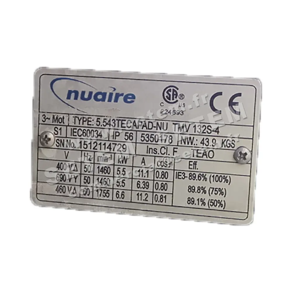 4623001150-MOTEUR NUAIRE 5.50KW 4P T400/690V HA132 HLAR132S.4