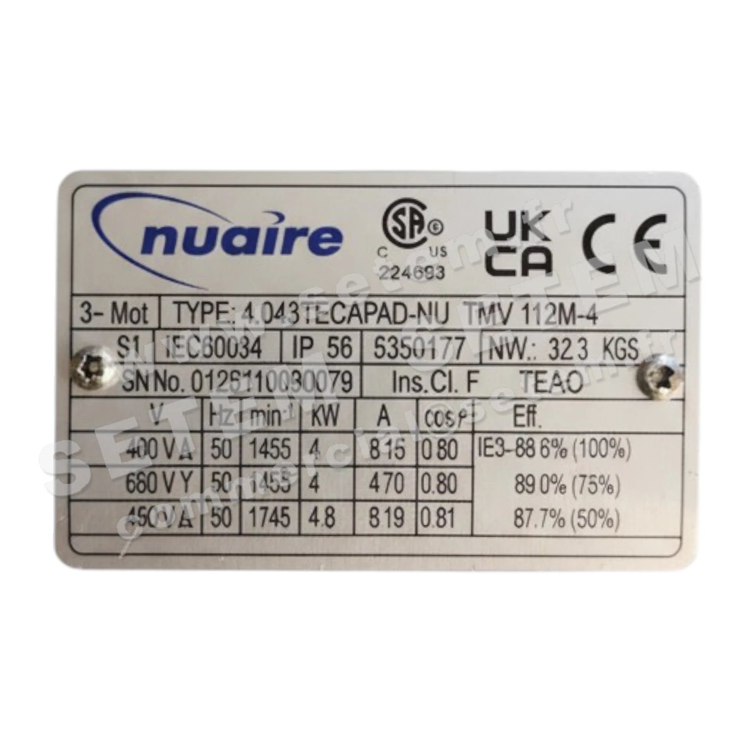 4623001200-MOTEUR NUAIRE 4KW 4P T400/690V HA112 4.043TECAPAD.NU TMV112M.4 2