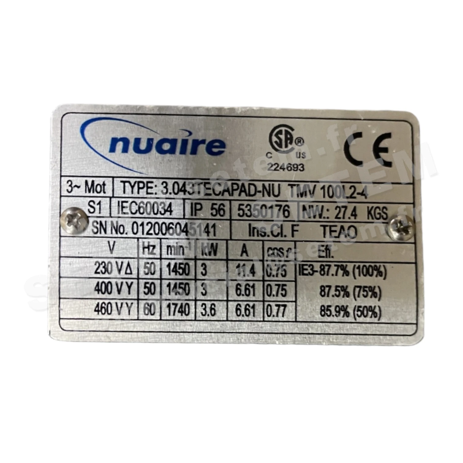 MOTEUR 3KW 4P T230/400V HA100 3.043TECAPAD-NU TMV100L2-4 *5350176*