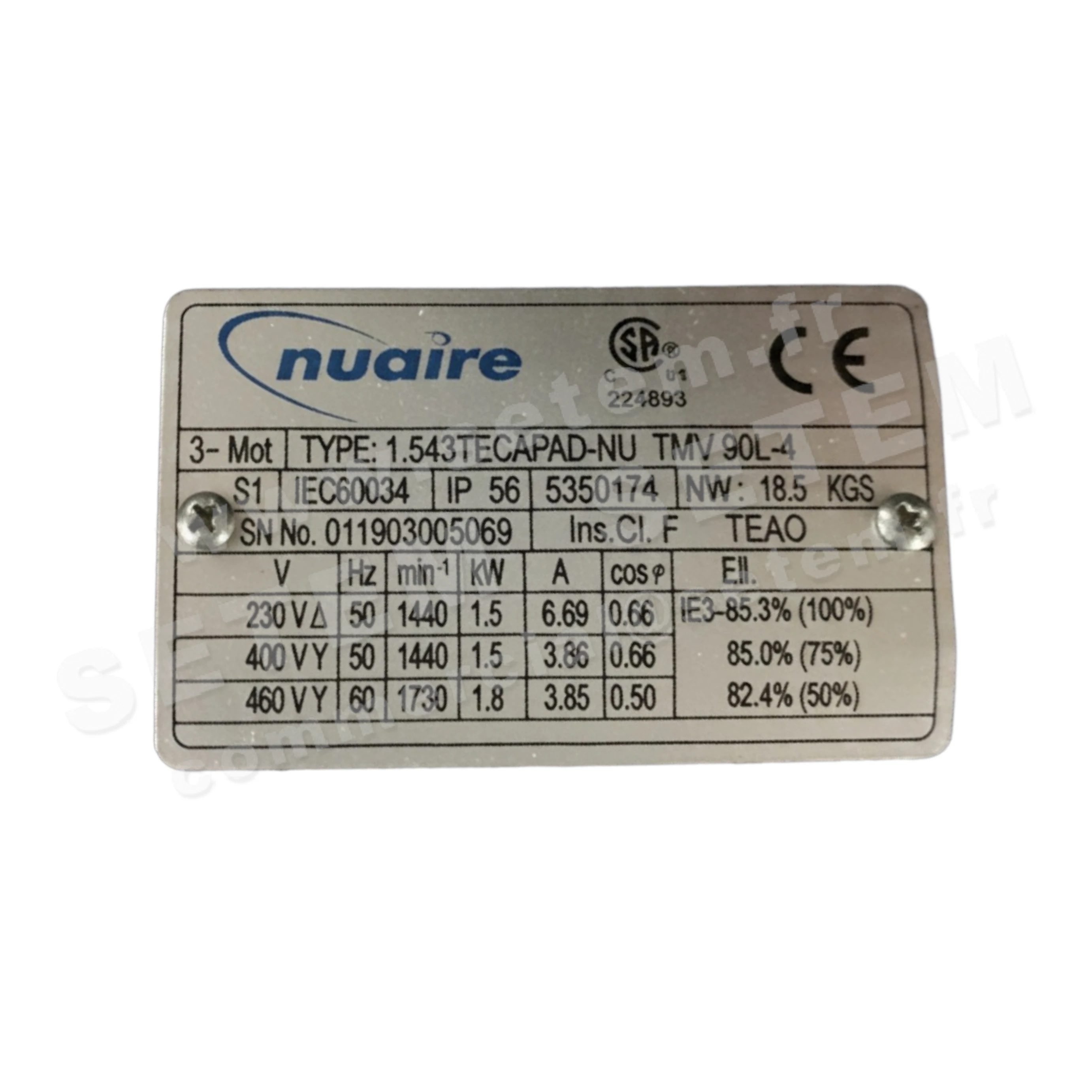 MOTEUR 1.50KW 4P T230/400V HA90 1.543TECAPAD-NU TMV90L-4 *5350174*