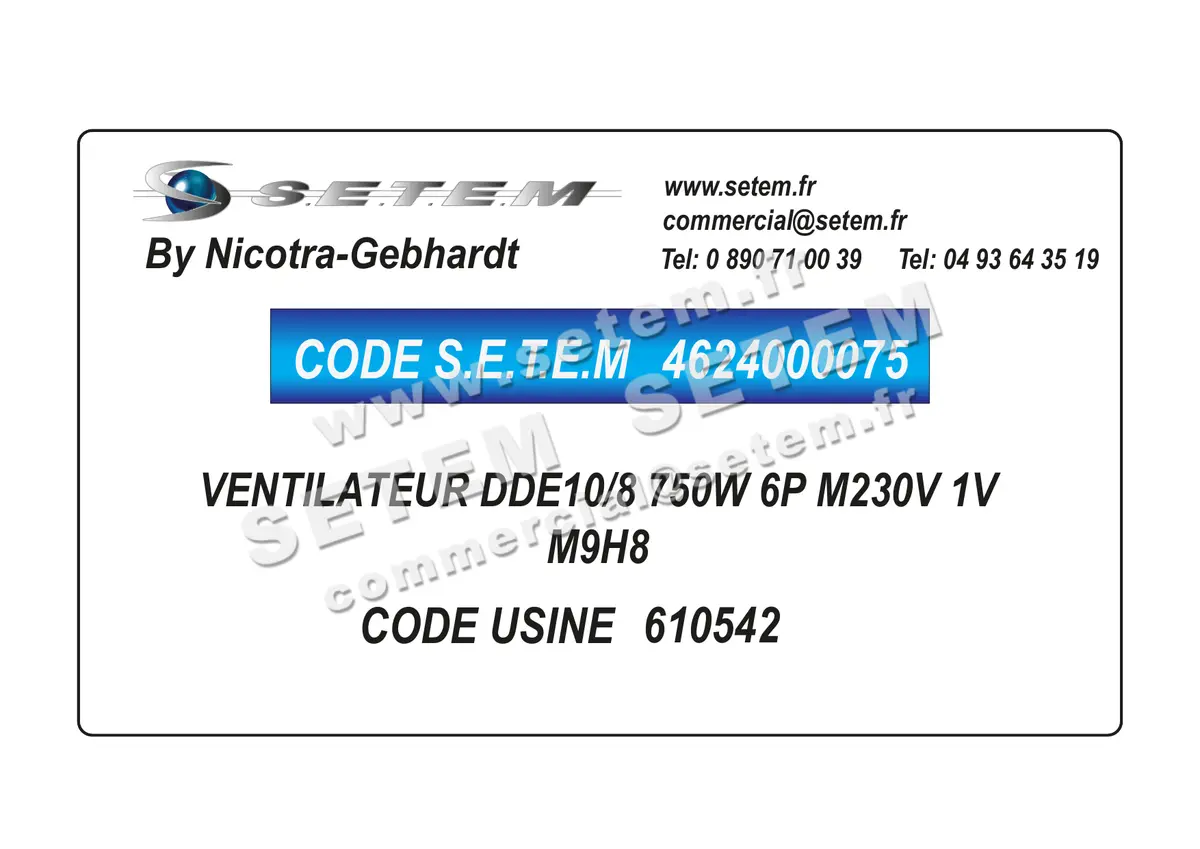 4624000075-VENTILATEUR NICOTRA GEBHARDT DDE10/8 750W 6P M230V 1V M9H8 *610542* 2