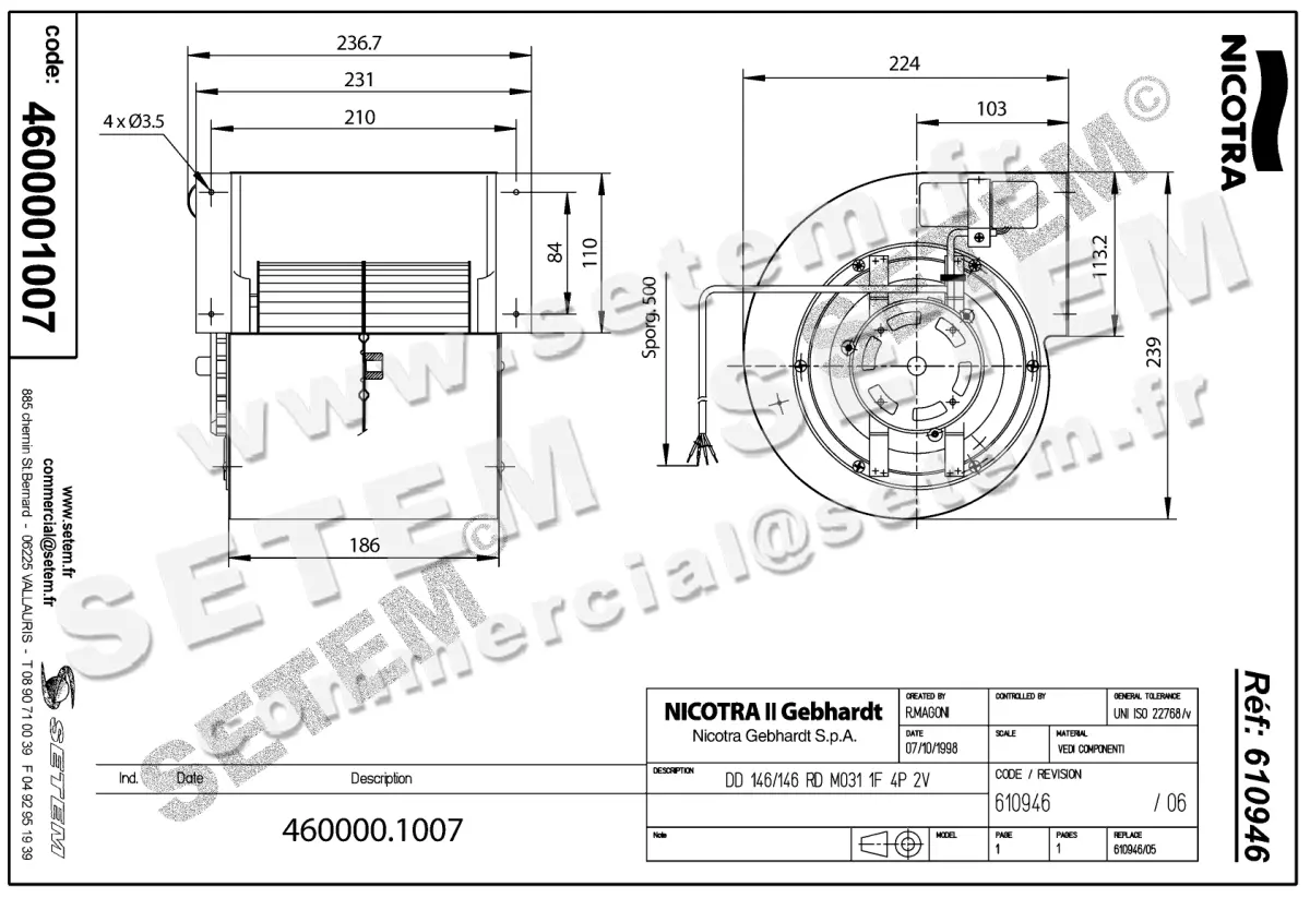 4624001007-VENTILATEUR NICOTRA GEBHARDT DD146X146RD 45W 4P M230V 2V M031 *610946* 2