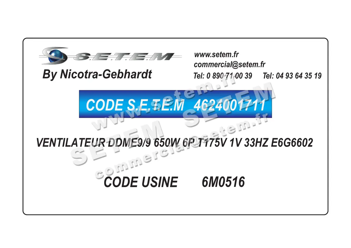 4624001711-VENTILATEUR NICOTRA GEBHARDT DDME9/9 650W 6P T175V 1V 33HZ E6G6602 *6M0516*