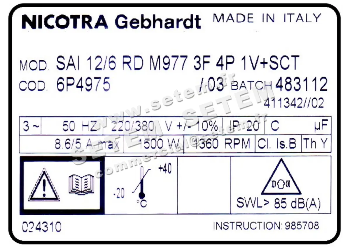 4624001817-VENTILATEUR NICOTRA GEBHARDT SAI12/6RD 1500W 4P T230/400V 1V M977 +BB *6P4975* 3