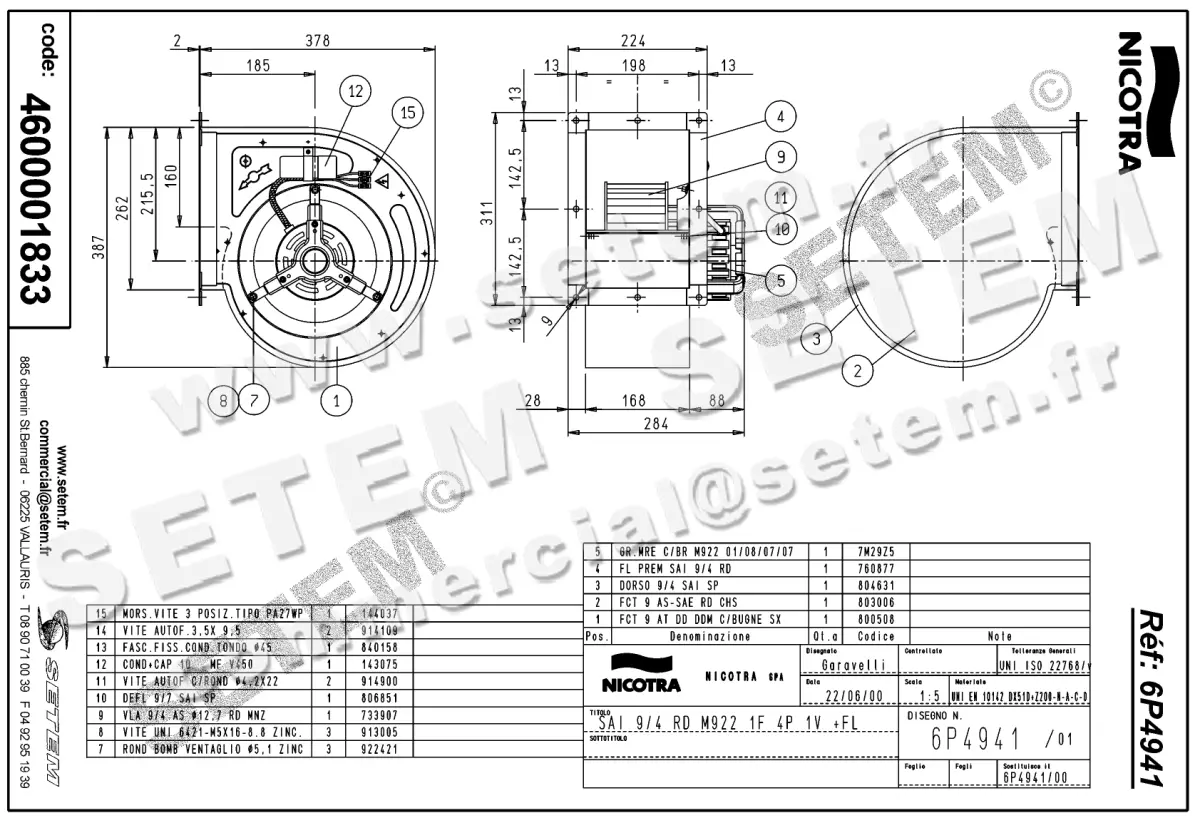 4624001833-VENTILATEUR NICOTRA GEBHARDT SAI9/4RD 370W 4P M230V 1V M922 +BR *6P4941*