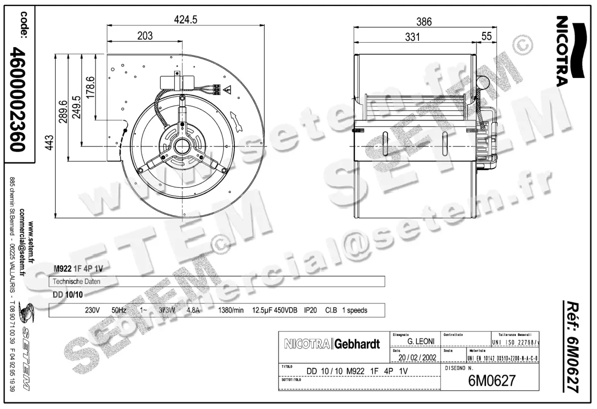 4624002360-VENTILATEUR NICOTRA GEBHARDT DD10/10 370W 4P M230V 1V M922 *6M0627* 2