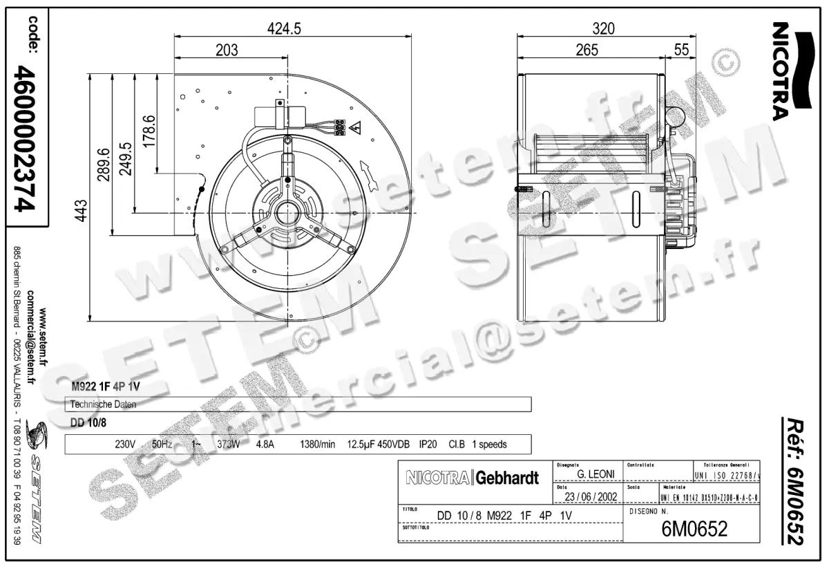 4624002374-VENTILATEUR NICOTRA GEBHARDT DD10/8 370W 4P M230V 1V M922 *6M0652* 2