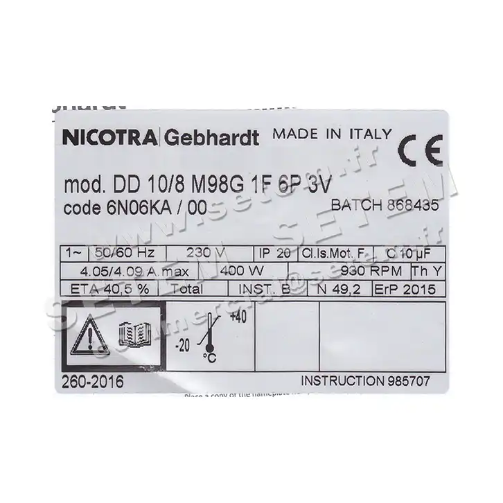 4624005112-VENTILATEUR NICOTRA GEBHARDT DD10/8 500W 6P M230V 3V M98G *6N06KA* 2