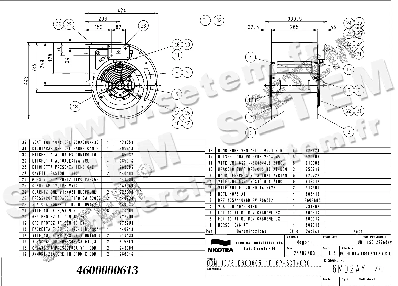 4624500613-VENTILATEUR NICOTRA DDM10/8 350W 6P M230V 3V E6G3605 +BB+GRA *6M02AY*