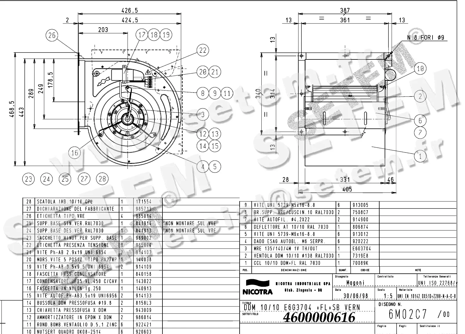 4624500616-VENTILATEUR NICOTRA DDM10/10 600W 4P M230V 1V E6G3704 +BR+PI+PE *6M02C7*